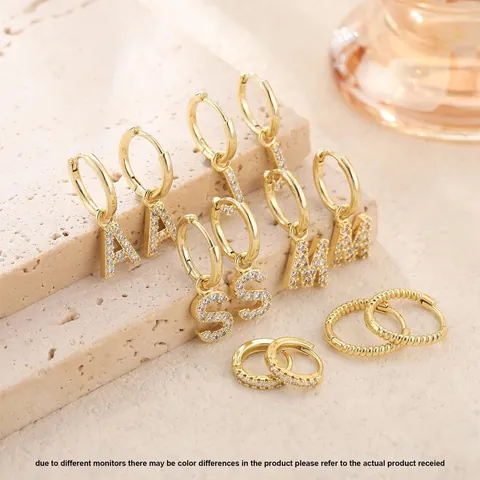 Brass Gold Plated English Letter Pendant Hoop Earrings Set Zirconia Micro-Inlaid With 925 Sterling Silver Earring Post For Women