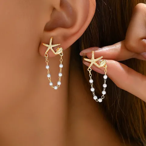 Ozean Thema Gold Seestern Perle Hängerohrringe Muschel Ohrstecker Kollektion Für Damen Sommer Strand Urlaub Schmuck