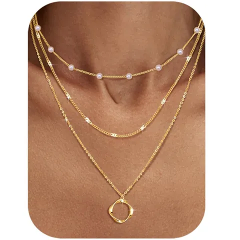 Layered Necklace For Women Gold Plated Copper Triple Layer Butterfly Artificial Pearl Cross Round Disc Pendant Chain Necklaces