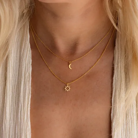 Collier Multirang en Laiton Plaqué Or 14K Pendentif Soleil Lune pour Femme Double Chaîne Minimaliste Bijoux Cadeau