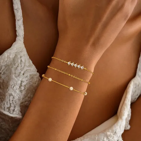 Fashion 14K Gold Plated Brass Bracelet For Women Exquisite Zirconia Artificial Pearl Paperclip Chain Multi-Layer Decorative Jewelry Gift