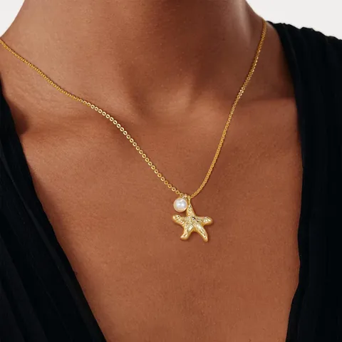 Bohemian 14k Gold Plated Copper Marine Ocean Necklace Starfish Shell Seahorse Artificial Pearl Zircon Pendant Necklace For Women Beach Jewelry