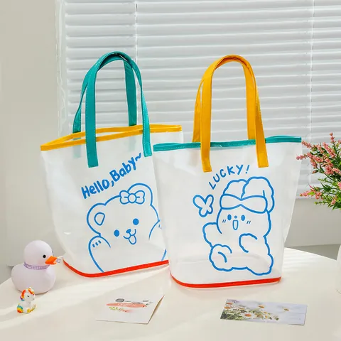 Süße Cartoon Bär Hase PVC Transparente Tote Tasche Große Kapazität Wasserdichte Strandtasche Für Schüler Reise Mädchen Damen