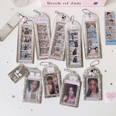 Porte Photocard Miroir Argent Pochette Photo PVC Quatre Cadres Avec Chaîne à Billes Pour Cartes Idol Étoile Ours Chien Dessin Animé