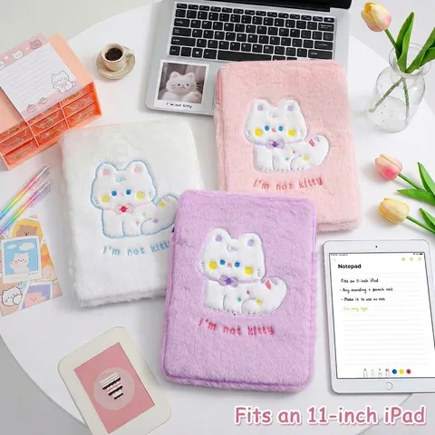 Süße Plüsch Cartoon Katze Stickerei Tablet Hülle Weiche Stoßfeste Schutztasche Für iPad Pro Air Tablet Aufbewahrungstasche Für Damen Studenten