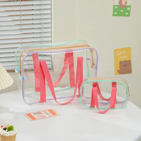 Transparent PVC Handbag Large Capacity Jelly Beach Bag Pink Handle Waterproof Toiletry Storage Tote Bag For Women Daily Travel