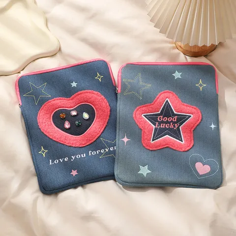 Funda para Tableta de Mezclilla para Mujer Estuche iPad Bordado Estrella Corazón Strass Protectora Antigolpes para Escuela Oficina