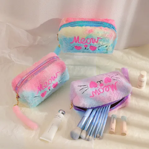 Cartoon Cat Embroidered Plush Cosmetic Bag Tie-Dye Makeup Bag Portable Zipper Toiletry Bag For Women Girls Student Storage