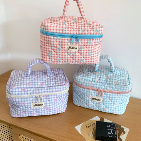 Quilted Checkered Makeup Bag Cotton Bowtie Handle Large Capacity Cosmetic Toiletry Storage Pouch For Women Travel Daily Organizer