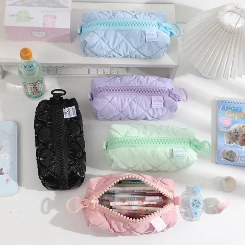 Large Capacity Quilted Diamond Lattice Pencil Case Korean Style Big Zipper Makeup Bag Portable Stationery Organizer Pouch For Students School Office