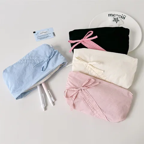 Minimalist Solid Color Pencil Case With Ribbon Bow Polyester Stationery Storage Pouch For Students Women Zippered Pen Bag