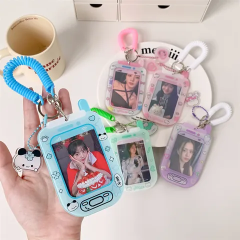 Hisocute Retro Smartphone Shape Acrylic Photocard Holder With Spring Cord Idol Card Storage Bag Charm Pendant Women Girls