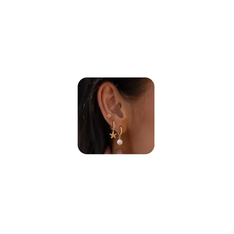 Women Copper Marine Earring Set With Synthetic Artificial Pearl Zirconia Shell Starfish Gold Plated Elegant Small Stud Earrings Accessory