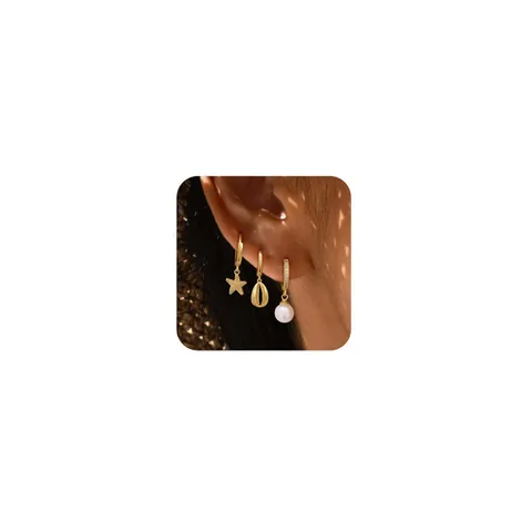 Women Copper Marine Earring Set With Synthetic Artificial Pearl Zirconia Shell Starfish Gold Plated Elegant Small Stud Earrings Accessory