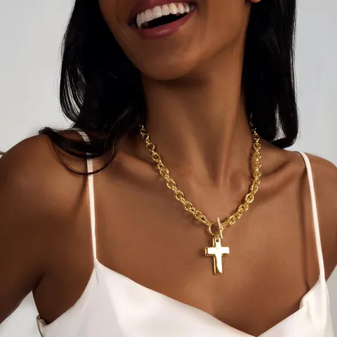 Minimalist Stainless Steel Cross Pendant Necklace For Women 18K Gold Plated Chunky O-Chain Toggle Clasp Fashion Jewelry Gift