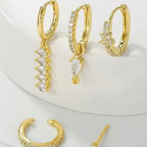 Gold Plated Brass Zirconia Earring Set For Women Star Tassel Celestial Geometric Ear Cuff Hoop Stud Earrings Fashion Jewelry Gift