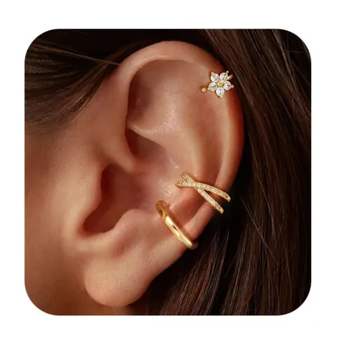 Σετ Σκουλαρίκια Ear Cuff από Επιχρυσωμένο Ορείχαλκο 14Κ Με Ζιργκόν Μινιμαλιστικό Σχέδιο Πεταλούδα Λουλούδι Τεχνητό Μαργαριτάρι Γεωμετρικά Κοσμήματα για Γυναίκες