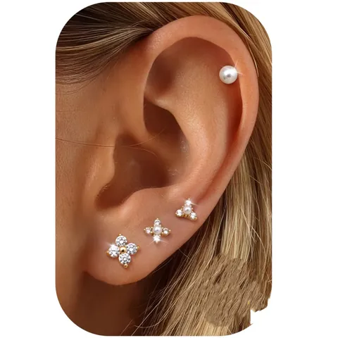 Minimalist Gold Plated Brass Zirconia Earring Set For Women Fashion Chain Floral Ear Hoop Stud Ear Cuffs Jewelry Set