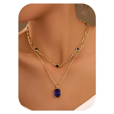 Vintage Double Layer Copper Necklace Gold Plated Rectangle Zirconia Pendant Paperclip Chain Layering Clavicle Jewelry