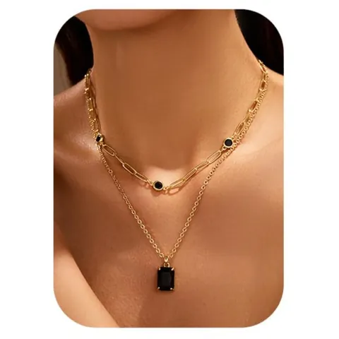 Vintage Double Layer Copper Necklace Gold Plated Rectangle Zirconia Pendant Paperclip Chain Layering Clavicle Jewelry