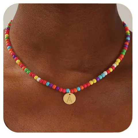 Copper Gold Plated Capital Initial Letter Pendant Rainbow Beaded Necklace Bohemian Summer Beach Jewelry For Women