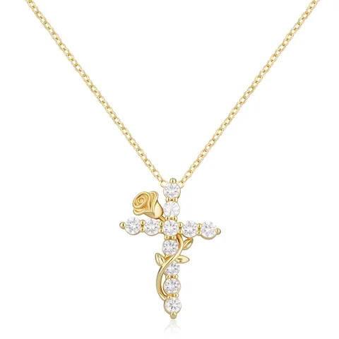 Women's Brass Real Gold Plated Cross Zirconia Pendant Necklace Elegant Star Butterfly Flower Double Layered Jewelry Necklace Gift