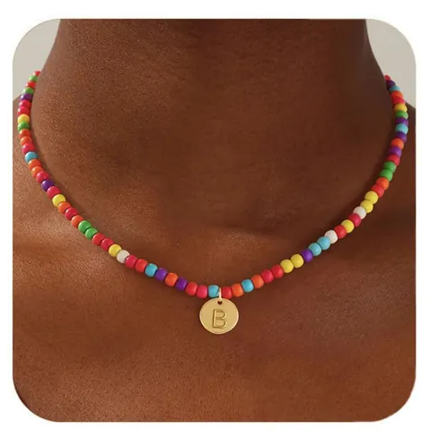 Copper Gold Plated Capital Initial Letter Pendant Rainbow Beaded Necklace Bohemian Summer Beach Jewelry For Women