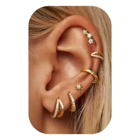Luxury Brass 14K Gold Plated Zirconia Earring Set For Women Fashion C-Shape Geometric Stud Earrings And Ear Cuffs Assortment