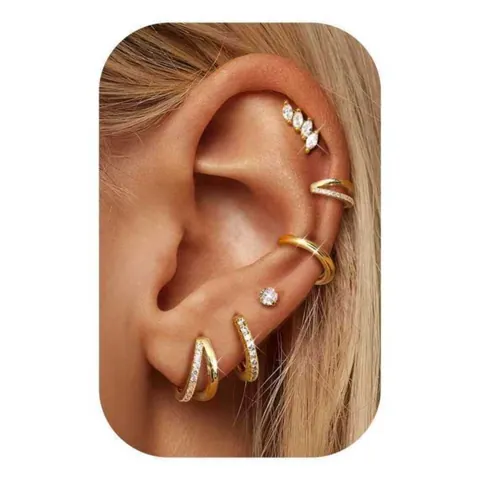 Luxury Brass 14K Gold Plated Zirconia Earring Set For Women Fashion C-Shape Geometric Stud Earrings And Ear Cuffs Assortment
