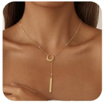 Collier Lariat en Y en Cuivre Plaqué Or 14K Zirconium Pendentif Croix et Barre Chaîne Réglable Bijoux de Mode pour Femme Cadeau