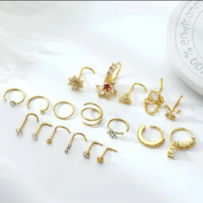 Stainless Steel Copper Zirconia Nose Rings And Studs For Women Men L-Shaped Nose Piercing Hoops Jewelry Assorted Butterfly Heart Floral Design