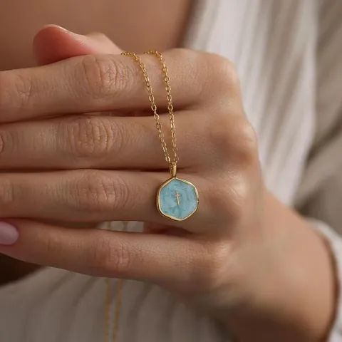 Collier Pendentif Croix en Acier Inoxydable 316 Plaqué Or 14k Émail Hexagone Bijoux Religieux pour Femme Vintage Mode Navette