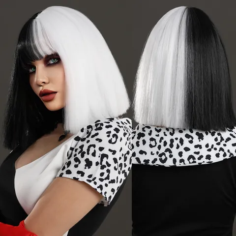 Peluca Bob Corta Dividida Negro Blanco Fibra Sintética Flequillo Halloween Cosplay Disfraz Fiesta Mujer Moda Postizo Hombros