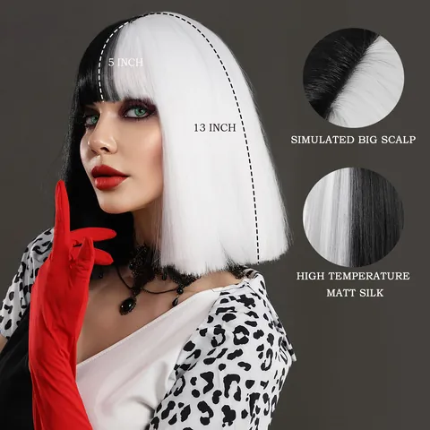 Peluca Bob Corta Dividida Negro Blanco Fibra Sintética Flequillo Halloween Cosplay Disfraz Fiesta Mujer Moda Postizo Hombros