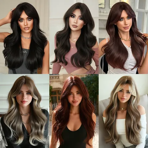Long Wavy Synthetic Wig With Curtain Bangs Natural Black Brown Ombre Heat Resistant Fiber Long Curly Wig For Women