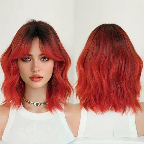 Ombre Wavy Bob Wig For Women Heat Resistant Synthetic Fiber Short Wavy Hair With Bangs Natural Looking For Daily Party Use Hairpiece