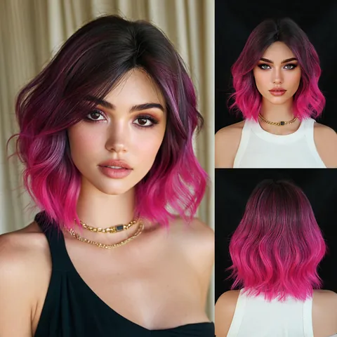 Short Wavy Bob Wig Ombre Rose Pink Synthetic Hair Wigs For Women Middle Part Heat Resistant Fiber Daily Wear Fashion Hairstyle