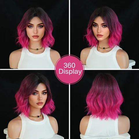 Short Wavy Bob Wig Ombre Rose Pink Synthetic Hair Wigs For Women Middle Part Heat Resistant Fiber Daily Wear Fashion Hairstyle