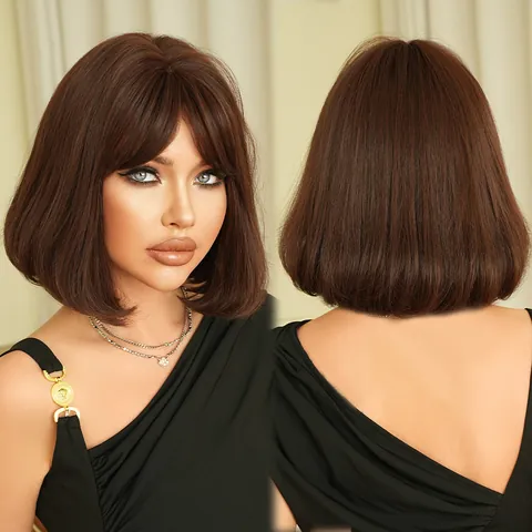 Parrucca Bob Liscia Scalata Marrone Corta Con Frangia a Tendina Fibra Sintetica Resistente al Calore Capelli Naturali per Donna