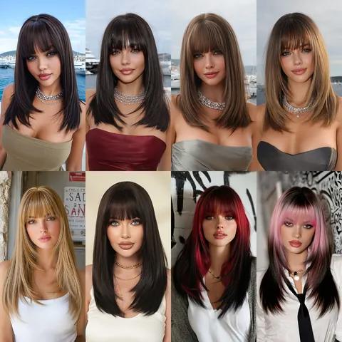 20 Inch Shoulder Length Layered Straight Synthetic Wig With Neat Bangs Heat Resistant Natural Hair Wig For Women Daily Use