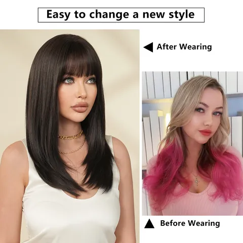 20 Inch Shoulder Length Layered Straight Synthetic Wig With Neat Bangs Heat Resistant Natural Hair Wig For Women Daily Use