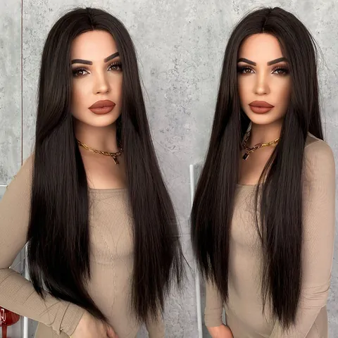 Long Straight Lace Front Wig For Women High Temperature Synthetic Fiber Heat Resistant Middle Part Natural Looking Hair For Daily Party Use