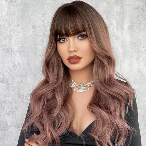 Parrucca Lunga Ondulata da Donna Con Frangetta Dritta Ombré Marrone Rosato Fibra Sintetica Resistente al Calore Capelli Naturali