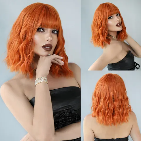 Women Short Wavy Bob Wig With Bangs Synthetic Heat Resistant Fiber Colorful Wavy Hair For Daily Party Cosplay Use