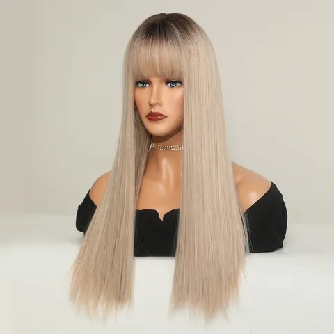 Ombre Blonde Long Straight Wig With Blunt Bangs Heat Resistant Synthetic Fiber Natural Hair For Women Party Daily Use