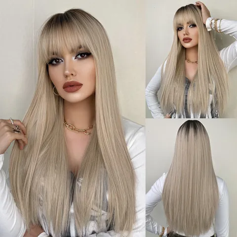 Ombre Blonde Long Straight Wig With Blunt Bangs Heat Resistant Synthetic Fiber Natural Hair For Women Party Daily Use