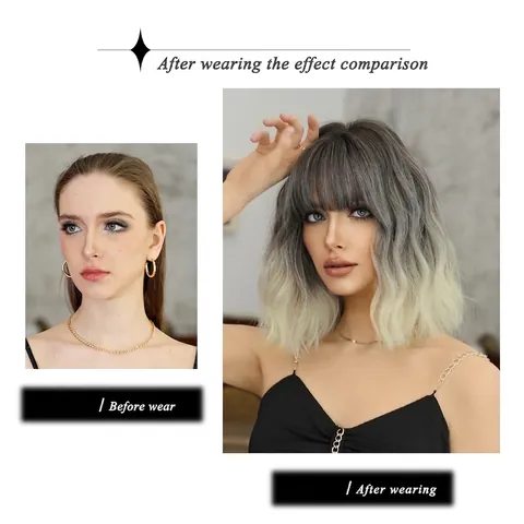 Peluca Bob Corta Ondulada Con Flequillo Fibra Sintética de Alta Temperatura Ombre Gris a Plata Blanco Mujer