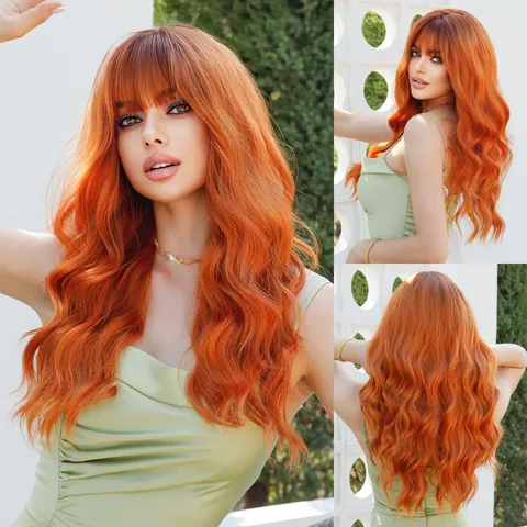 Lange Wellige Synthetik Perücke Mit Pony Hitzebeständige Faser Ingwer Orange Schwarz Blond Rosa Natürlich Für Damen