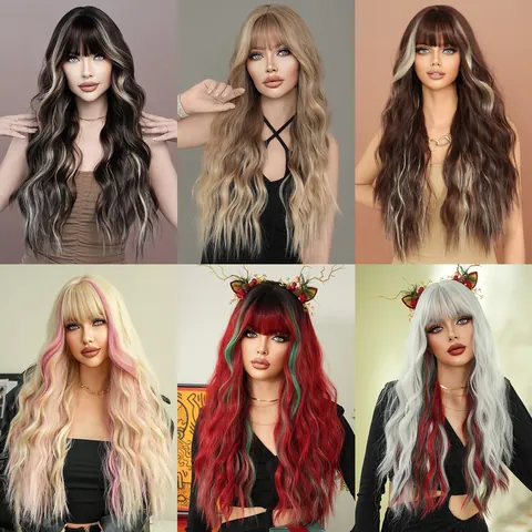 Long Wavy Synthetic Wig With Flat Bangs For Women Heat Resistant Fiber Highlighted Skunk Stripe Fashion Hair Christmas Party