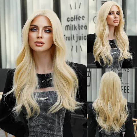 Long Wavy Light Blonde Synthetic Lace Part Wig For Women Heat Resistant Fiber Realistic Wave Middle Part Fashion Hairpiece